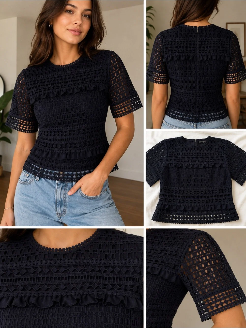 Banana Republic Women’s Medium Navy Blue Lace Crochet Knit Top Lined Boho Blouse